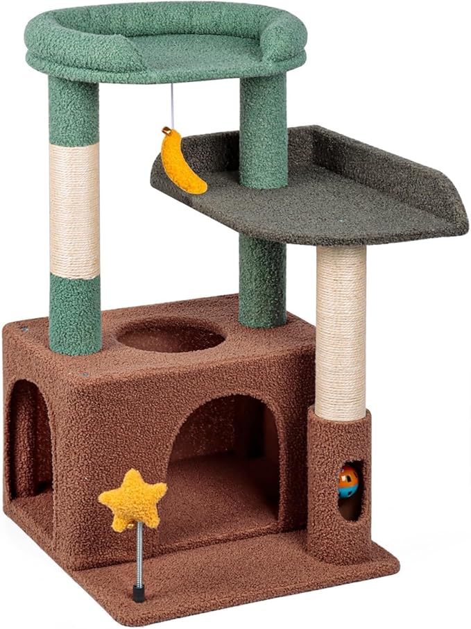 32" Cute Cat Tower for Indoor Kittens with Cat Condo, Plush Platform, Hammock, Sisal Scratching Posts, Dangling Ball, Tall Cat Tree Tower with Self-Grooming Brush (Olive Green)