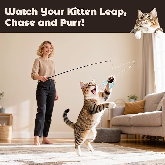4-in-1 Interactive Cat Toys for Indoor Cats, Retractable Cat Wand Toy with Feather, Crinkle Paper Refills, Kitten Toys Teaser Wand for Bored Indoor Adult Cats and Kittens