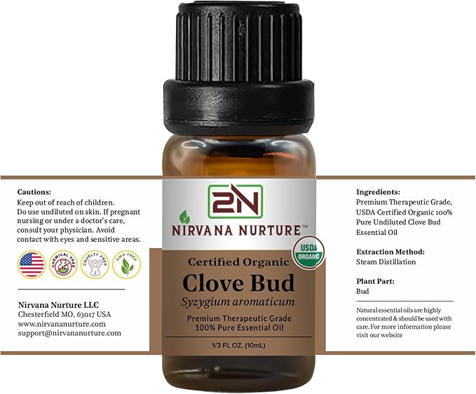 Nirvana Nurture Clove Bud Essential Oil USDA Certified Organic, 100% Pure Natural Premium Grade, Undiluted