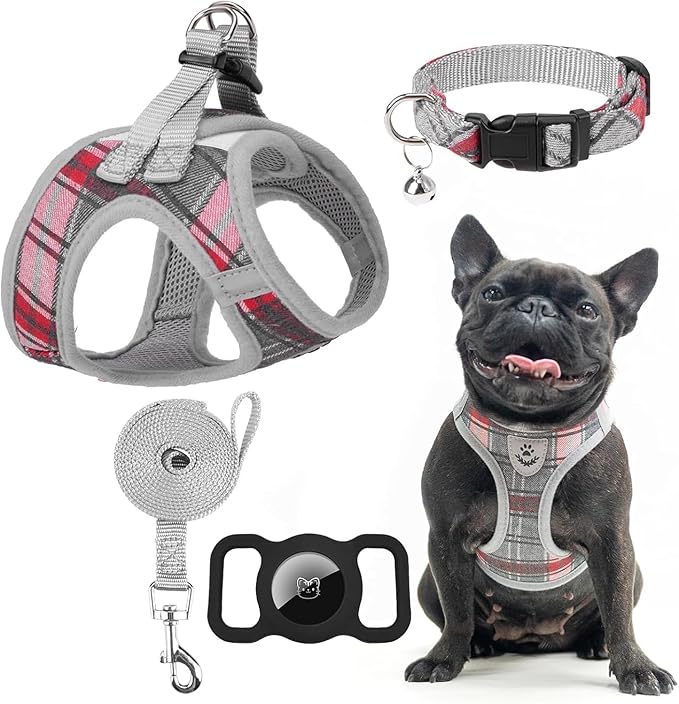 EXPAWLORER Classic Plaid Puppy Harness - Small Dog Harness and Leash Set - Dog Collar and Leash Set with AirTag Holder, Soft Padded Step in Dog Vest Harness No Pull Reflective for Outdoor, Grey M