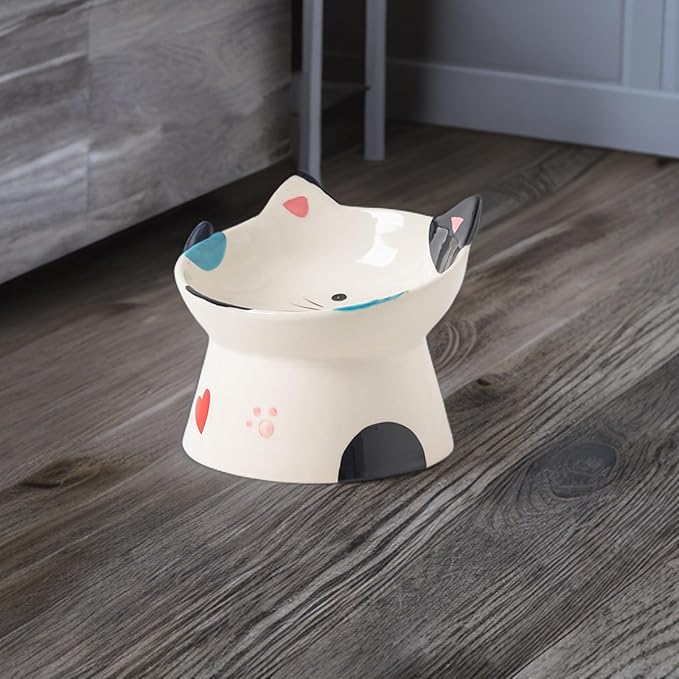 Cute Ceramic Raised Cat Bowls Elevated Design, 15° Tilted FeederProtect Cat's Spine Anti Vomiting Blow for Flat Faced Cats, Kitten Small Dogs,Raise Tilted Cat Food Bowld Pet Dishes(Black)