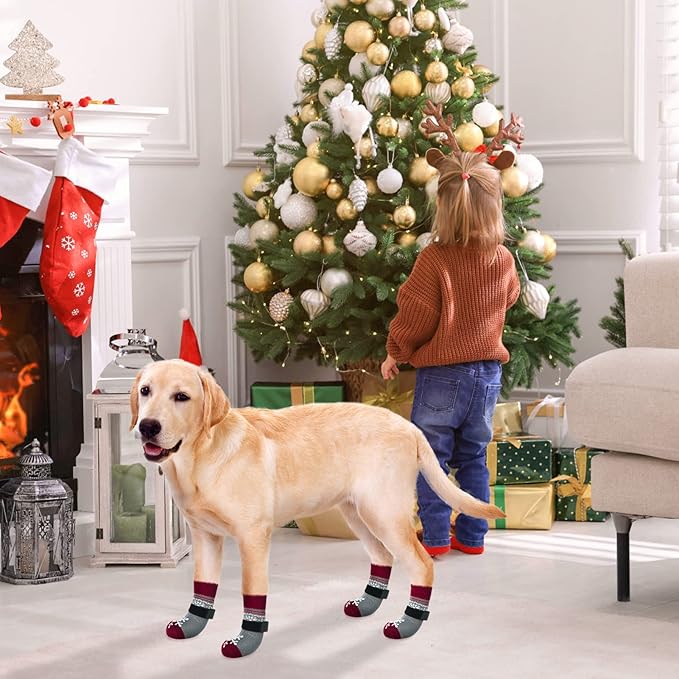 BEAUTYZOO Christmas Winter Anti-Slip Dog Socks with Grips Traction Control for Small Medium Large Dogs, Non Skid Indoor Double Side Pet Paw Protector for Hardwood Floor Wear, Snowflake