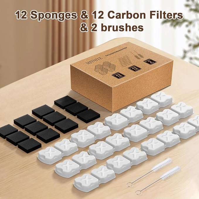 MJYNITE Cat Water Fountain Filter Replacement Kit - 12 Cat Fountain Filters, 12 Sponges & 2 Brushes, Compatible with Stainless Steel Pet Fountains