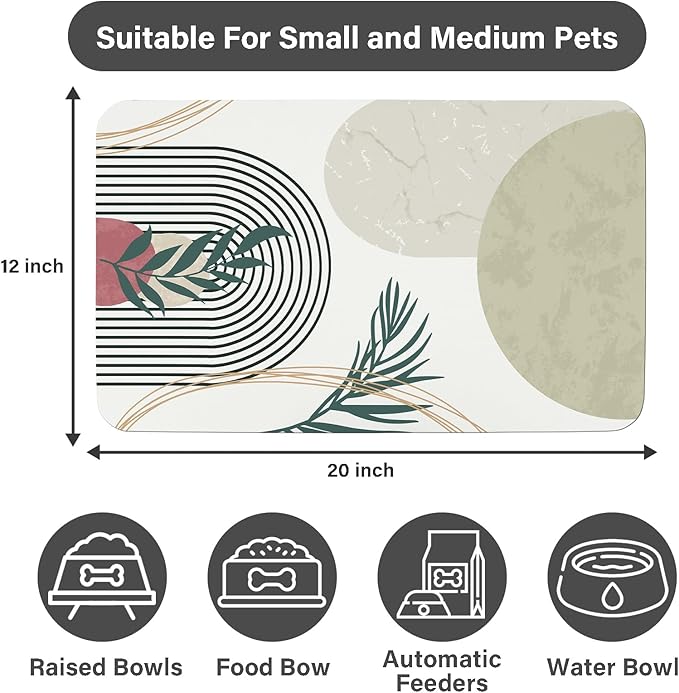 Patterned Cat & Dog Bowl Mat for Food and Water, 12"×20" Quick Dry Absorbent Pet Feeding Mat, Eco-Friendly Dog Placemat
