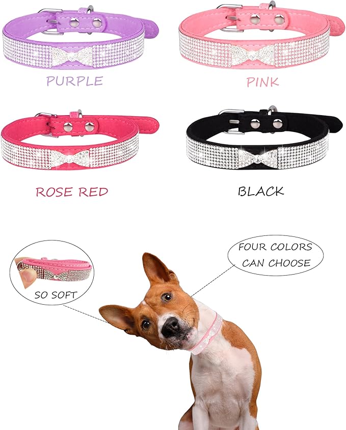 Dog Collar for Small Dogs, Adjustable Leather Suede Bling Dog Collars,Pink Dog Collar Cat Collar, Rhinestone Dog Collar (L, pink4)