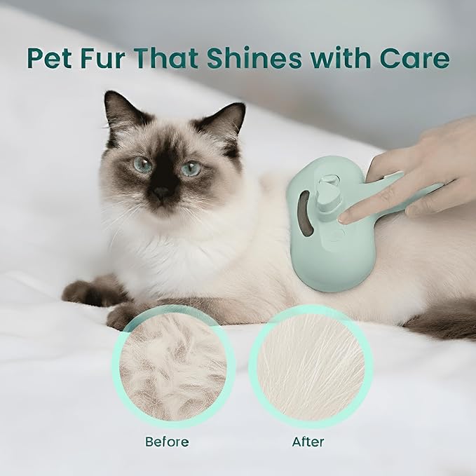 3 in 1 Steam Grooming Brush for Cats & Dogs, USB Rechargeable Hair Removal Comb with Spray Mist & Self Clean Button, Includes 200 ml Shampoo for Indoor Pet Shedding & Detangling, Green