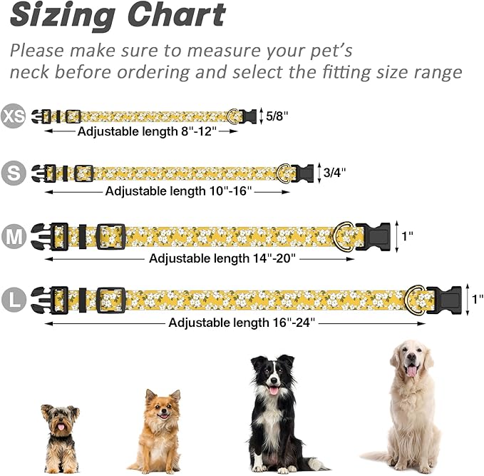 Reflective Dog Collar for Small Dogs, Cute Flower Theme Adjustable Heavy-Duty Nylon Puppy Collar for Boy and Girl Female, Soft Pet Accessories with Quick Release Buckle, Yellow