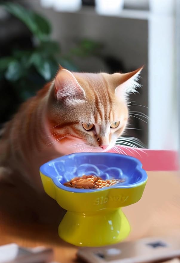 Ceramic Raised Slow Feeder Cat Bowl, Elevated Tilted Anti-Vomiting Pet Bowl for Cats & Small Dogs - Cute Flower Design, Non-Slip Base, Shallow Wide Dish for Dry/Wet Food (Blue, 5.8 Inch)