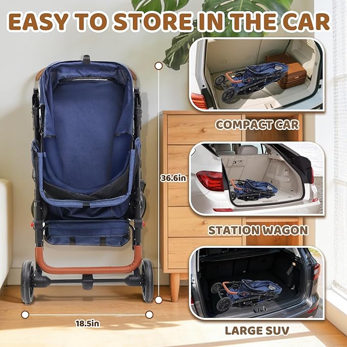 Pet Stroller for 2 Small Dogs, Dog Stroller for Medium Dogs 20 lb with Storage Bag and Cup Holder, Cat Stroller for 2 Cats with Adjustable Handle & Weatherproof Cover, All-Terrain(Blue)