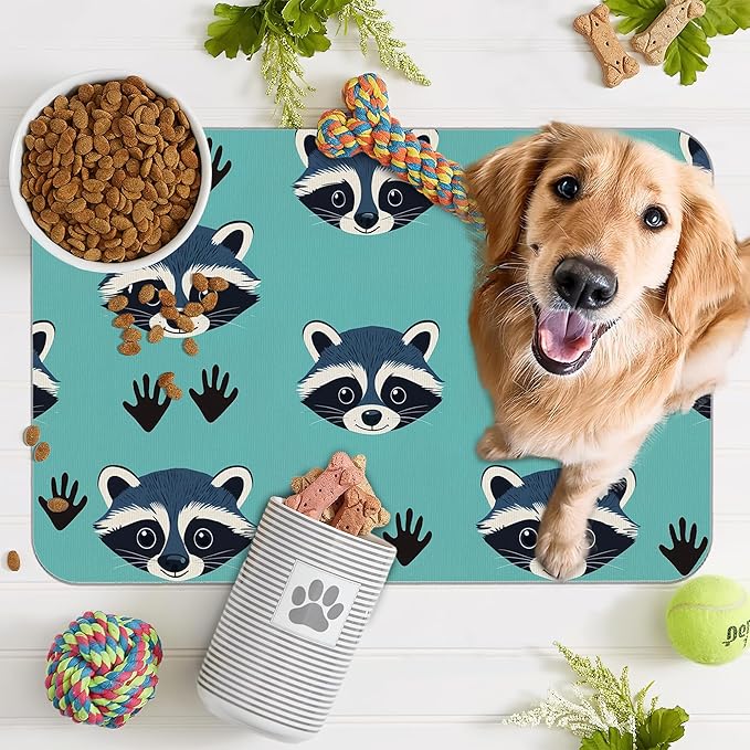 Cute Raccoon Dog Food Mat for Floors,Absorbent Pet Food and Water Bowl Mats,Non-Slip Pet Feeding Mat,Pet Supplies 12" x 20"