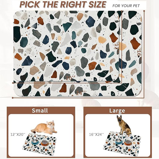 Terrazzo Stone Colorful Dog Cat Food Mat,Absorbent Pet Feeding Mat for Food and Water,Non-Slip Dog Bowl Mats Floor Protector 16"x24"