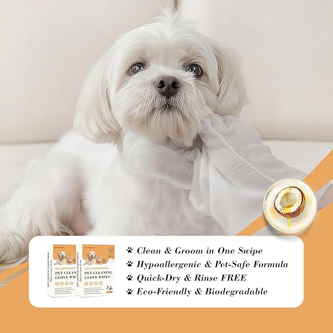 Pet Glove Wipes for Dogs & Cats, Infused with Coconut Oil & Plant Extracts, Deodorizing Bathing Grooming Glove Wipes, Daily & Outdoor Grooming Care, (8 Pcs)