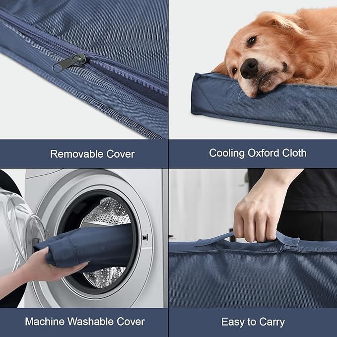 Outdoor Large Washable Dog Bed, Orthopedic Egg Crate Foam Dog Crate Mat for Large Dogs with Removable Oxford Cooling Cover, Navy