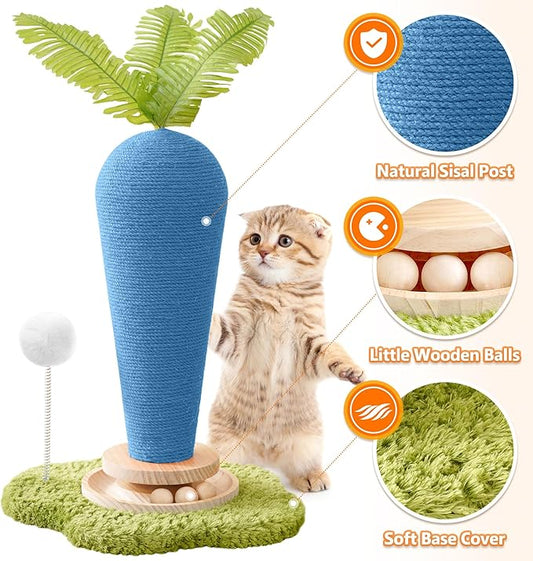 Cute Cat Scratching Post, Carrot Cat Scratcher Post with Durable Natural Wooden Turntable Toy and Catnip, 24'‘ H Blue Carrot Shape Design Sisal Cat Tree Sisal Scratcher for Indoor Cats (Cloud Base)