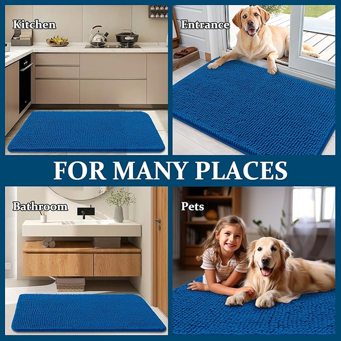 OLANLY Dog Door Mat for Muddy Paws 24x16, Absorbs Moisture and Dirt, Absorbent Non-Slip Washable Doormat, Quick Dry Chenille Mud Mat, Entry Indoor Entryway Carpet for Inside Floor, Deep Navy Blue
