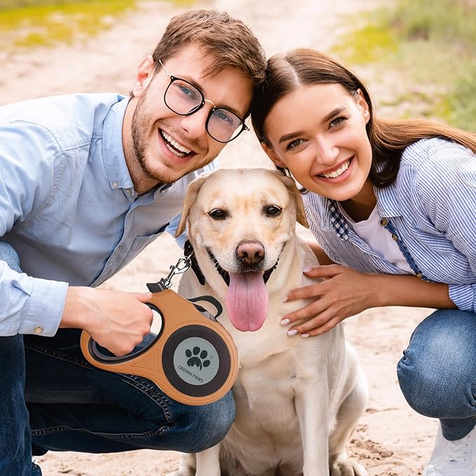 CROWN PAWS 16 ft Retractable Dog Leash for Extra Large Dogs up to 130 lbs,Tangle-Free Nylon Tape,Orange Dan24 XL