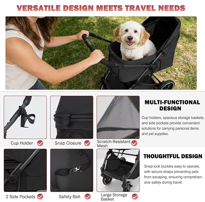 Dec-Mec Small Dog Stroller, Pet Stroller for Small Dogs up to 55lbs- Fold All in One Without Detaching Carrier, Cat Stroller with Reversible Handle,Cup Holder (Black)