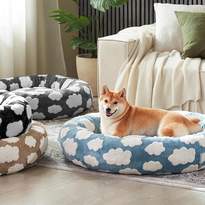 JOEJOY Donut Small Dog Bed, Round Cat Beds for Indoor Cats with Removable Washable Cover, Orthopedic Cute Puppy Kitten Pet Bed with Jacquard Shaggy Plush & Non Skid Bottom, Black