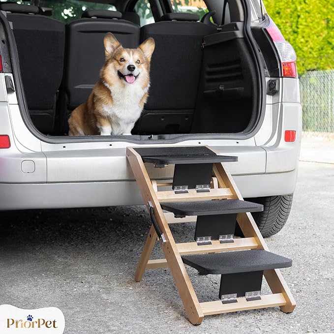 Dog ramp for Couch – Non-Slip, Sturdy Build Foldable Dog ramp – Supports up to 200lbs – Adjustable 7'' to 20'' – Landing Platform Seamlessly Connects – Birchwood Pet Ramp for Small Dogs – Natural