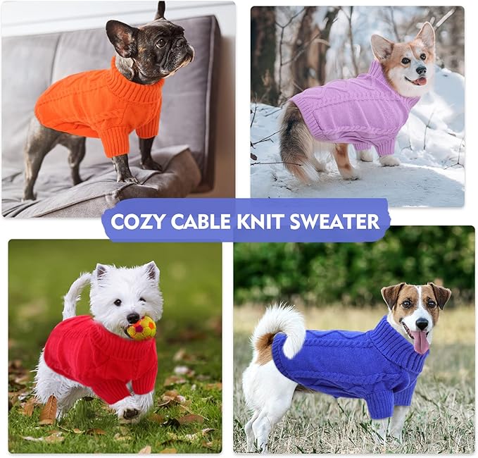 Queenmore Small Dog Pullover Sweater, Cold Weather Cable Knitwear, Classic Turtleneck Thick Warm Clothes for Chihuahua, Bulldog, Dachshund, Pug (Orange, Large)