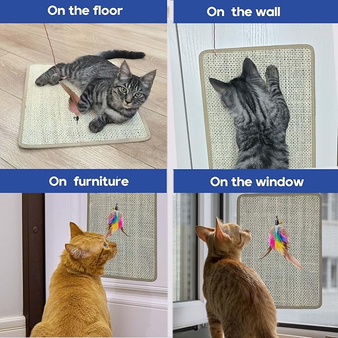 Cat Nail File Scratcher - Natural Sisal Scratch Mat with 80-Grit Aluminum Oxide, Adhesive Sheets & Expansion Screws for Secure Wall/Floor Mounting, Ideal for Trimming Cat Claws 13.38"x16.53"