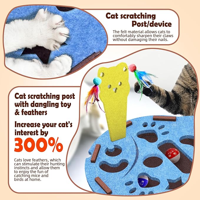 Interactive Felt Cat Maze Box with Cartoon Cat-Shaped Post, Fish-Shaped Puzzle ExerciseHide Seek Moving Toy for Cats, Mental Enrichment Self-Play Toy Encourages Hunting Instincts with 4 Balls