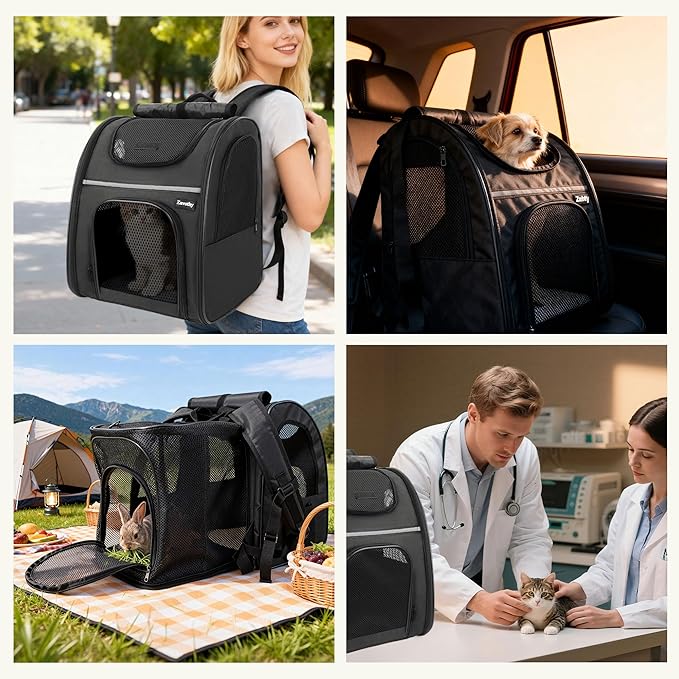 Zavothy Expandable Pet Backpack Carrier for Small Cats & Dogs, Airline Approved Travel Bag with Mesh Windows, Expandable Space, Padded Bottom, Foldable Design Black