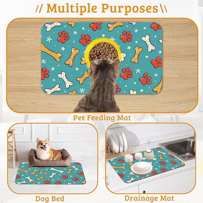 Dog Paws Cat Food Mat,Bones Absorbent Pet Feeding Mat for Food and Water Bowl,Quick Dry Dog Placemat Non Slip Rubber Backing Waterproof Pet Supplies 12" x 20"
