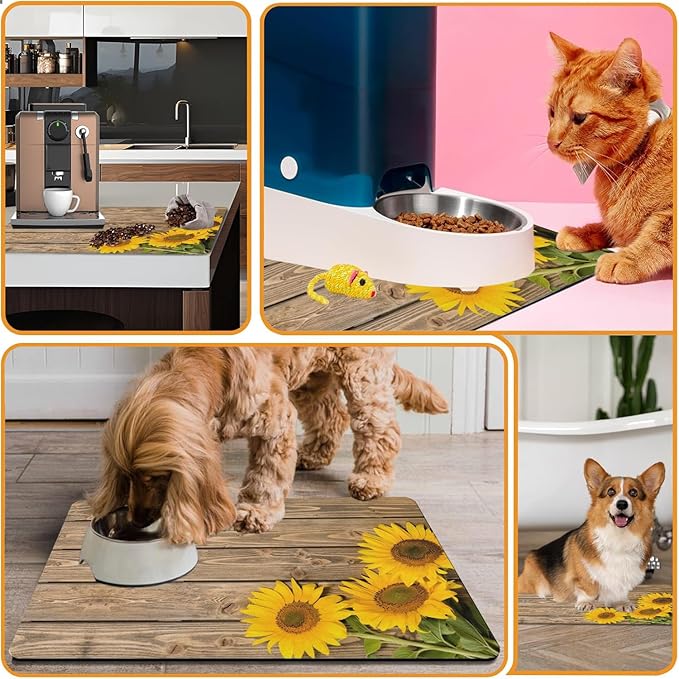 Dog Food Mats for Floors Absorbent, Cat Food Mat - Pet Cat Feeding Mat Quick Dry, Dog Bowl Mats for Water, Pet Supplies Feeding Placemat 16" x 24" Wood Grain Sunflower