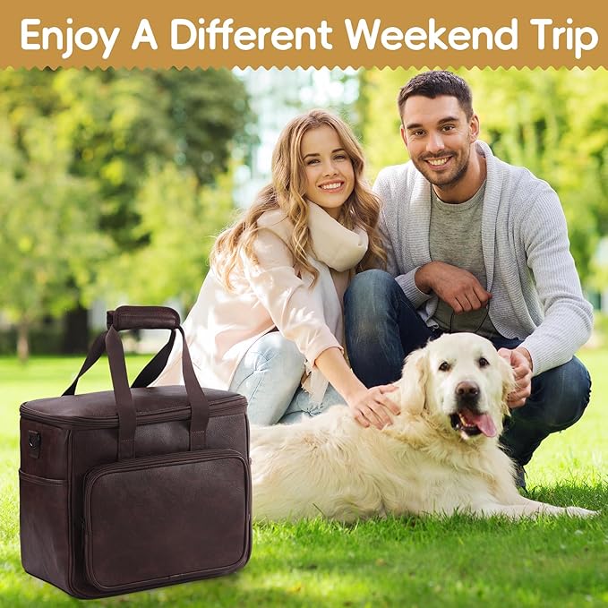 Dog Travel Bag, Leather Travel Pet Bag Set for Dog and Cat, Airline Approved Tote Organizer with Multi-Function Pockets, 2 Food Storage Containers, 2 Collapsible Bowls