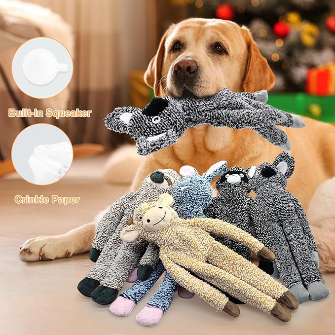 BUYPOW Raccoon No Stuffing Dog Toys for Large Dogs, Squeaky Crinkle Interactive Dog Animals, Plush Teething Toys to Keep Them Busy, Cute Funny Dogs Gifts for Small Medium Large Breed