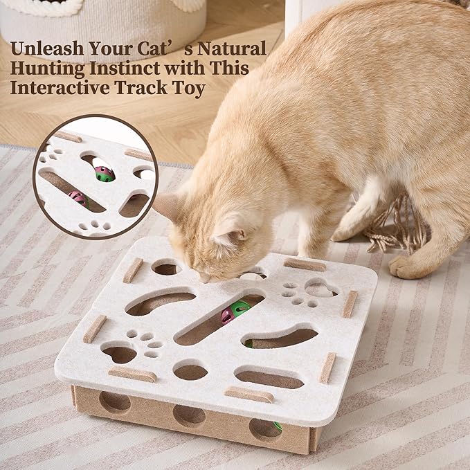 Interactive Cat Puzzle Feeder Toy - Felt Maze Box with 3 Jingle Balls for Indoor Cats, Kittens to Adults - Mental Stimulation, Slow Feeding & Fun Exercise Encourages Natural Hunting Instincts