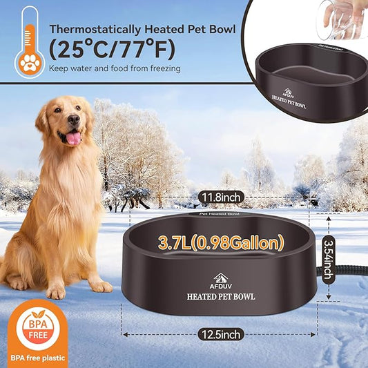 Heated Water Bowl for Dogs Cats Outdoor, 3.7L Thermostatic Heated Pet Bowl for Outside Dog Cat Chickens Duck Birds Waterer in Winter, Automatic Heated Dog Bowl Outdoor with Anti Chew Cord