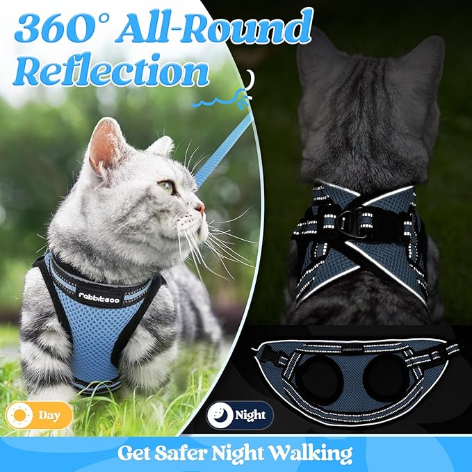 rabbitgoo Cat Harness and Leash Set for Walking Escape Proof, Adjustable Soft Kittens Vest with Reflective Strip for Cats, Comfortable Outdoor Vest, Light Blue, S