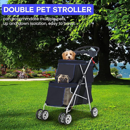 FDW 4 Wheels Pet Stroller Dog Cat Carriers Bag Lightweight Waterproof Folding Jogger Double Stroller with Cup Holders,Black