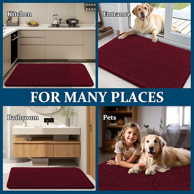 OLANLY Dog Door Mat for Muddy Paws 30x20, Absorbs Moisture and Dirt, Absorbent Non-Slip Washable Doormat, Quick Dry Chenille Mud Mat for Dogs, Entry Indoor Entryway Carpet for Inside Floor, Burgundy