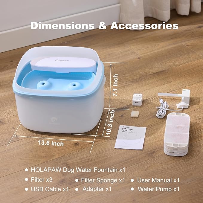 HOLAPAW Dog Water Fountain for Large Dogs, 2.1Gal/8L Dog Water Bowl Dispenser, No Spill Automatic Pet Water Fountain for Dogs Cats Multiple Pets with Ultra Quiet Pump, 3 Filter Replacement, Blue