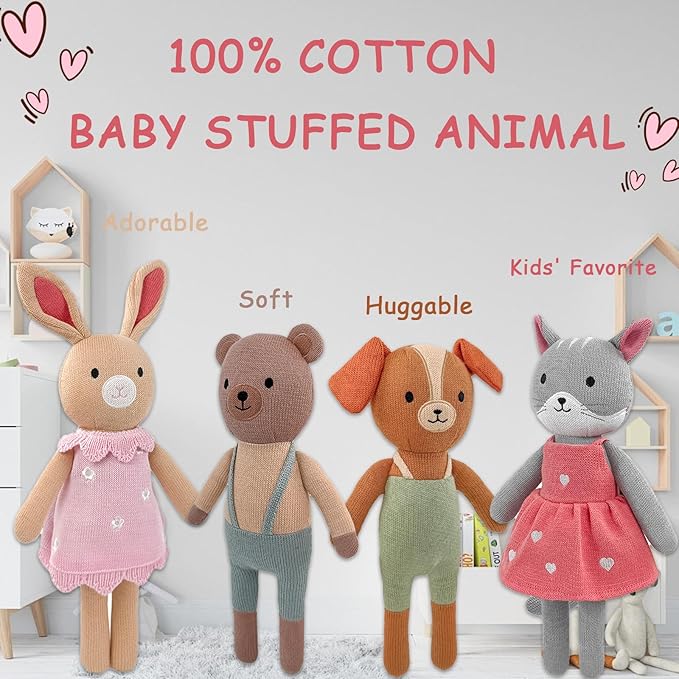 4 Pack 12 Inches Stuffed Animals Handmade Cotton Cute Small Animals Dog Cat and Forest Animals Soft Bunny Teddy Bear Plush Toy for for Toddlers, Kids, Adults, Baby Shower Decor Christmas Easter Gifts