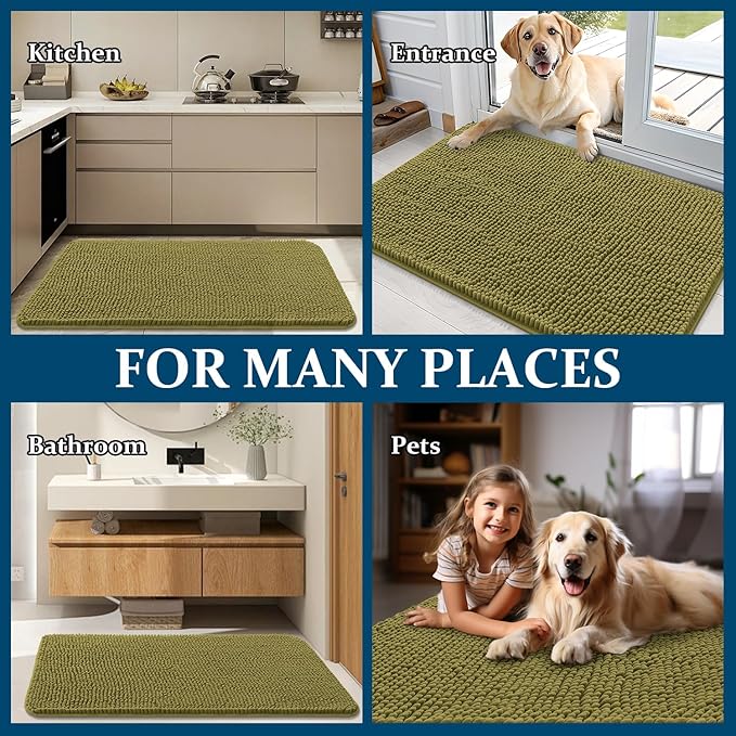 OLANLY Dog Door Mat for Muddy Paws 24x16, Absorbs Moisture and Dirt, Absorbent Non-Slip Washable Doormat, Quick Dry Chenille Mud Mat, Entry Indoor Entryway Carpet for Inside Floor, Willow Green