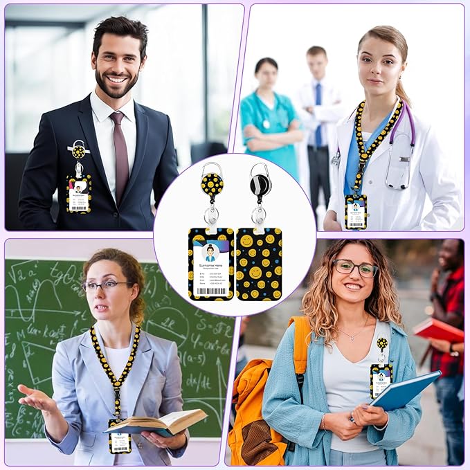 Cute Smile Face ID Badge Holder with Lanyard, Retractable Lanyards for ID Badges Name Tag Clips, Funny Nurse Teacher Office Student Gift