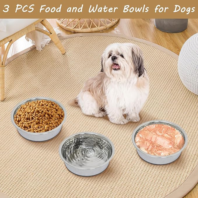 kathson Stainless Steel Cat Bowls 3 PCS Hammered Metal Dog Bowls with Rubber Non-Slip Base Pet Dishes for Water and Food Dishwasher Safe for Feeding Small to Medium Sized Pets(7.1in)