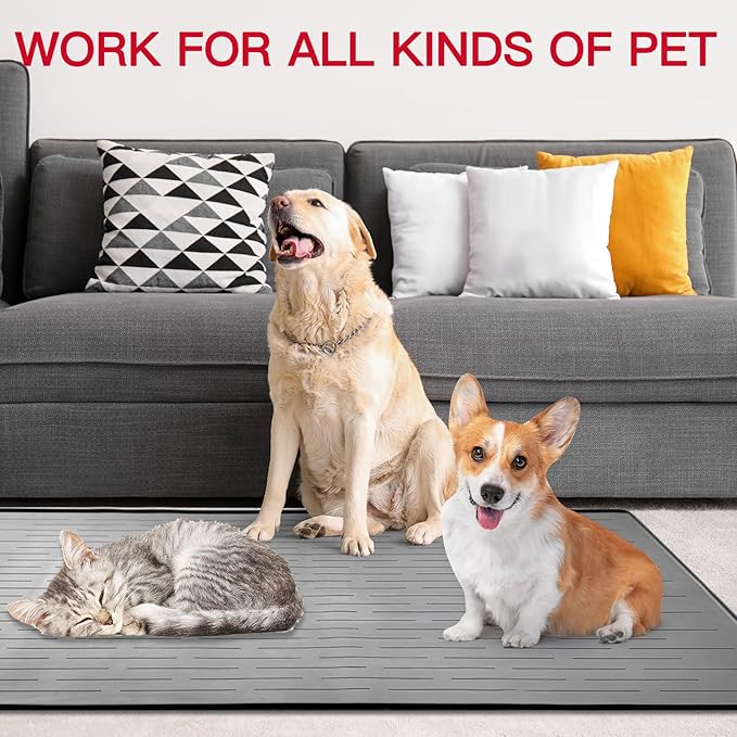 48" x 32" XXXL Largest Pet Food Mat, Silicone Dog Mats for Food and Water, Nonslip Pet Feeding Mats for Floors,Dog Cat Bowl Mat with Raised Edges, Dark Gray