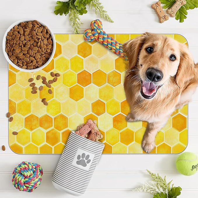 Honeycomb Bee Geometric Dog Food Mat for Floors,Absorbent Quick-Dry Pet Feeding Mat,Cat Dog Bowl Mats for Food and Water,Non-Slip Pet Accessories Supplies 16"x24"