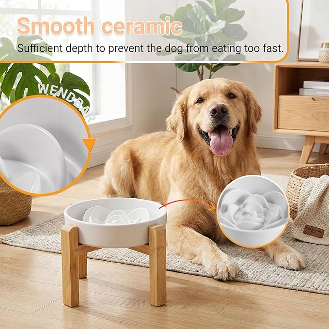 Ceramic Slow Feeder/Dog Bowl for Medium Large Dogs,Elevated/Raised Slow Feeding Dog Food Water Dish Heavy Weighted,Puzzle Eating Bowl Modern Maze (Black, 8.26in) (White, 8.66in)