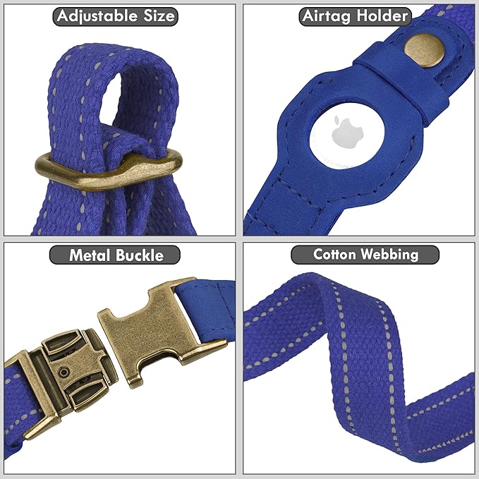 Reflective Leather Dog Collar with AirTag Holder - Soft Apple Airtag Dog Collar with Metal Buckle - Safety Cotton Pet Collars for Dogs Small Large Dogs Puppy (Blue, S, 12"-15")