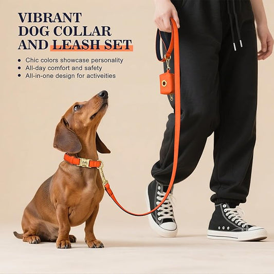 PET ARTIST Colorful Personalized Dog Collars, Custom Dog Collar with Silent Engraved ID Tag, Lightweight Breathable Nylon & Soft Padded, Matching Leash & Poop Bag for Medium Dogs,Orange,M Fit 13-20"
