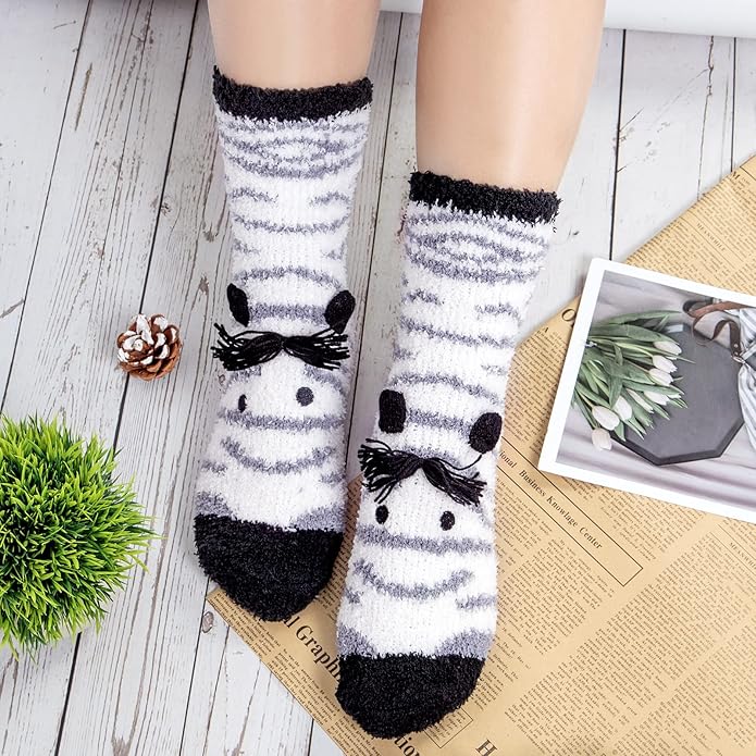 Loritta 3 Pairs Womens Fuzzy Socks Winter Warm Fluffy Soft Slipper Home Sleeping Cute Animal Socks