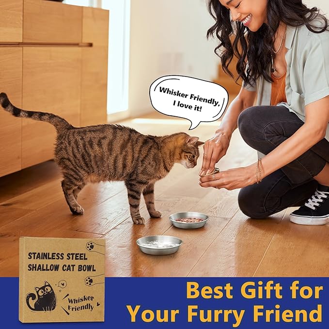 Petdream 2-Pack Stainless Steel Cat Food Bowls, Shallow Whisker-Friendly Non-Slip Silicone Base Metal Dishes, Easy to Clean Indoor Water Flat Plates for Cat, Kitten, Small Dog (5.9")