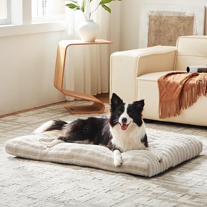 FURTIME Washable XXL Dog Bed for Extra Large Dogs, Giant Deluxe Dog Crate Beds Comfy Fluffy Kennel Pad Anti-Slip Pet Sleeping Mat, Machine Washable Dogs Pillow, 47"x29"x4", White