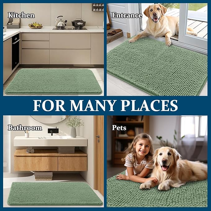 OLANLY Dog Door Mat for Muddy Paws 59x35, Absorbs Moisture and Dirt, Absorbent Non-Slip Washable Doormat, Quick Dry Chenille Mud Mat, Entry Indoor Entryway Carpet for Inside Floor, Olive Green